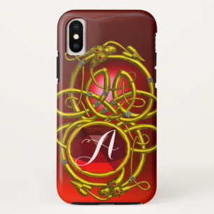 HYPER DRAGONS,GOLD CELTIC KNOTS Red Ruby Monogram iPhone XS Case