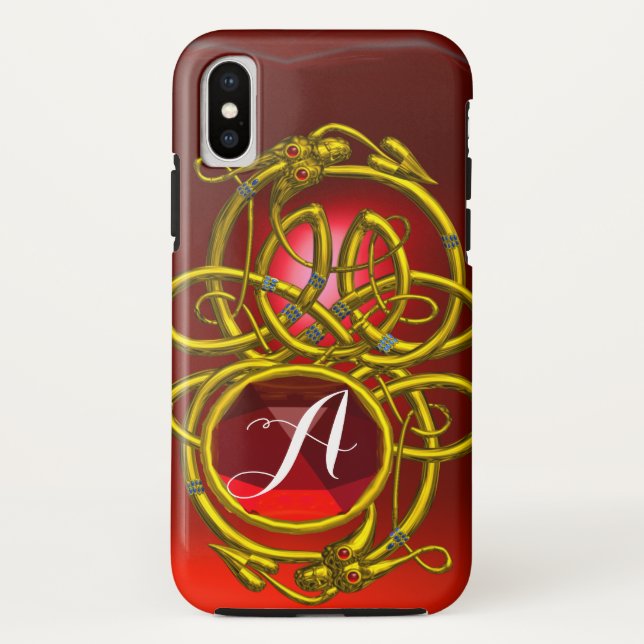 HYPER DRAGONS,GOLD CELTIC KNOTS Red Ruby Monogram Case-Mate iPhone Case (Back)