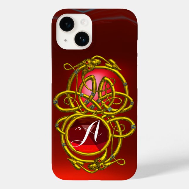 HYPER DRAGONS,GOLD CELTIC KNOTS Red Ruby Monogram Case-Mate iPhone Case (Back)