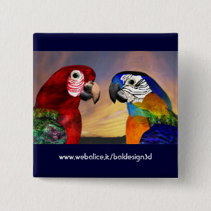 HYPER PARROTS / RED AND BLUE ARA 2 INCH SQUARE BUTTON