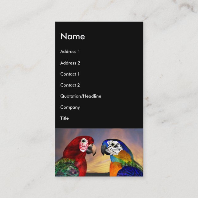 HYPER PARROTS / RED AND BLUE ARA ,black Business Card (Front)