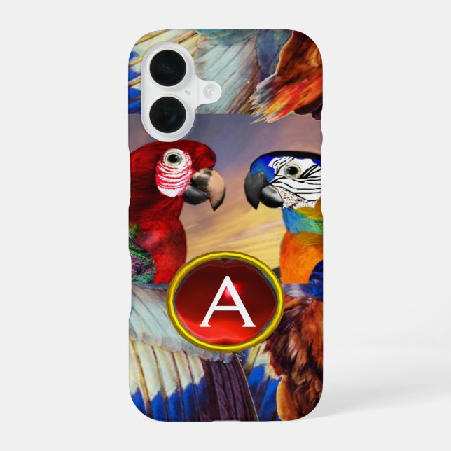 HYPER PARROTS /RED AND BLUE ARA GEMSTONE MONOGRAM iPhone 16 CASE (Back)