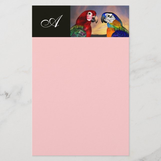 HYPER PARROTS / RED AND BLUE ARA  MONOGRAM pink Stationery (Front)