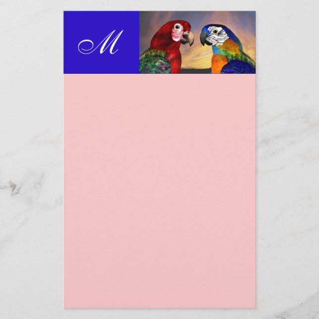 HYPER PARROTS / RED AND BLUE ARA  MONOGRAM pink Stationery (Front)