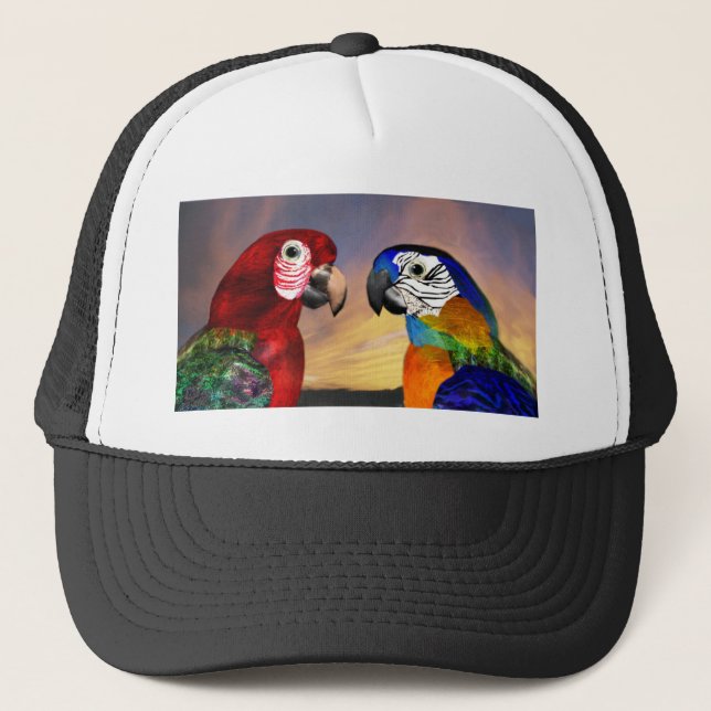 HYPER PARROTS /RED AND BLUE ARA TRUCKER HAT (Front)