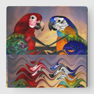 HYPER PARROTS RED,BLUE ARA ,COLORFUL REFLECTIONS SQUARE WALL CLOCK