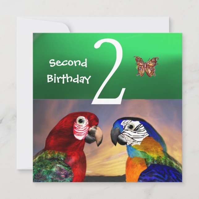 HYPER PARROTS / Second Birthday Party, Jade Green Invitation (Front)
