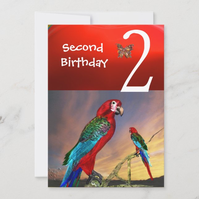 HYPER PARROTS / Second Birthday Party Red Ruby Invitation (Front)