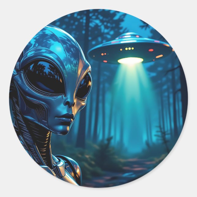 Hyper Realistic Alien and UFO in the Forest Classic Round Sticker (Front)
