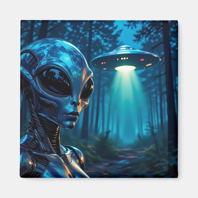 Hyper Realistic Alien and UFO in the Forest Magnet (Front)
