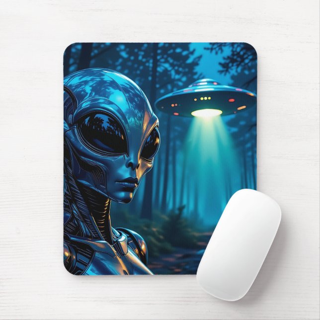 Hyper Realistic Alien and UFO in the Forest Mouse Pad (With Mouse)