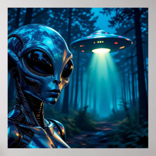 Hyper Realistic Alien and UFO in the Forest Poster