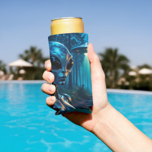 Hyper Realistic Alien and UFO in the Forest Seltzer Can Cooler