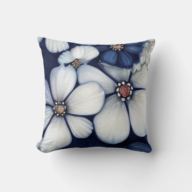 Hyper realistic floral style with navy blue flower throw pillow (Front)