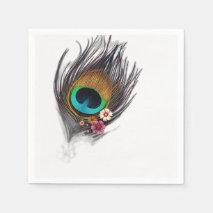 Hyper-Realistic Peacock Feather with Floral Patter Napkin