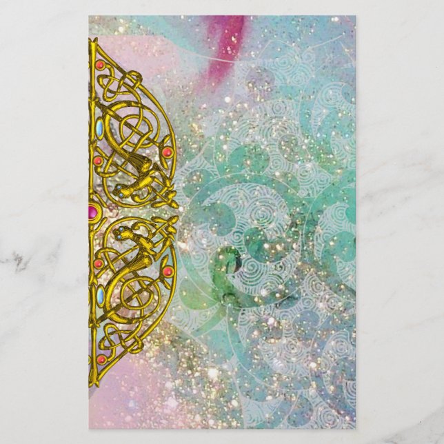 HYPER VALENTINE / GOLD CELTIC HEART, Blue Sparkles Stationery (Front)