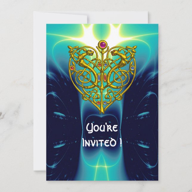 HYPER VALENTINE/GOLD CELTIC HEART bright aqua blue Invitation (Front)
