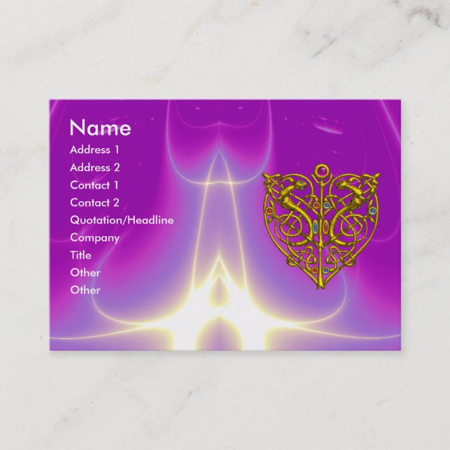 HYPER VALENTINE,GOLD CELTIC HEART Purple Pink Business Card (Front)