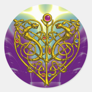 HYPER VALENTINE/ GOLD CELTIC KNOT HEART IN PURPLE CLASSIC ROUND STICKER