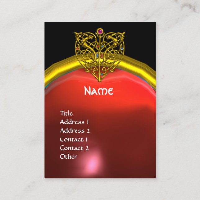 HYPER VALENTINE GOLD HEART RED RUBY MONOGRAM,Black Business Card (Front)