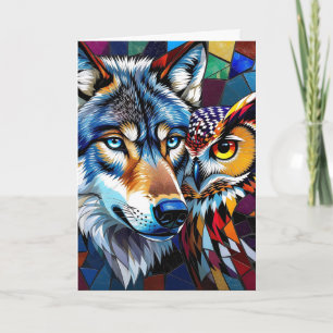 Hyperreaslistic Wolf and Owl   Happy Birthday Card