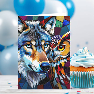 Hyperreaslistic Wolf and Owl   Happy Birthday Card