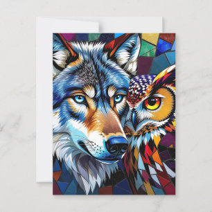 Hyperreaslistic Wolf and Owl Mosaic Postcard