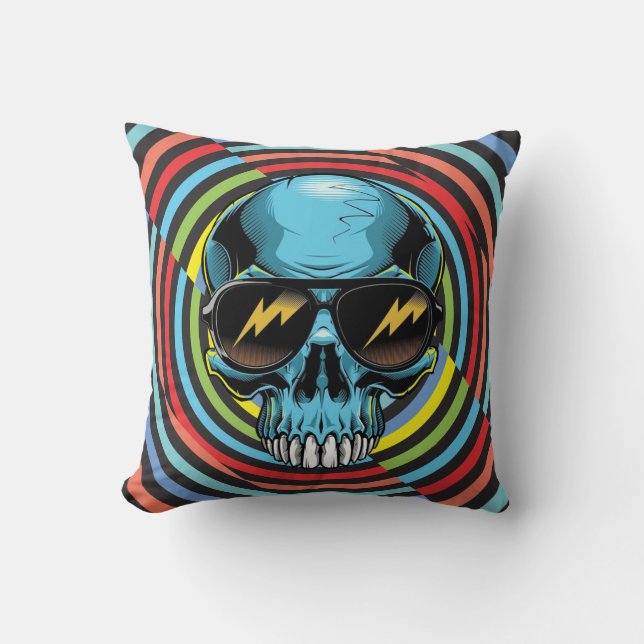 Hypno Colourful Skull With Glasses Throw Pillow (Front)
