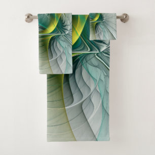 Hypnotic Abstract Golden Turquoise Teal Fractal Bath Towel Set