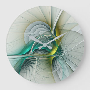 Hypnotic Abstract Golden Turquoise Teal Fractal Large Clock
