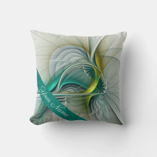 Hypnotic Abstract Golden Turquoise Teal Name Throw Pillow