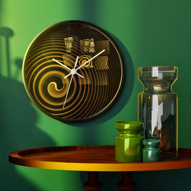 Hypnotic Golden Waves Modern Abstract Art Large Clock (Hypnosis Abstract Art Round Clock)