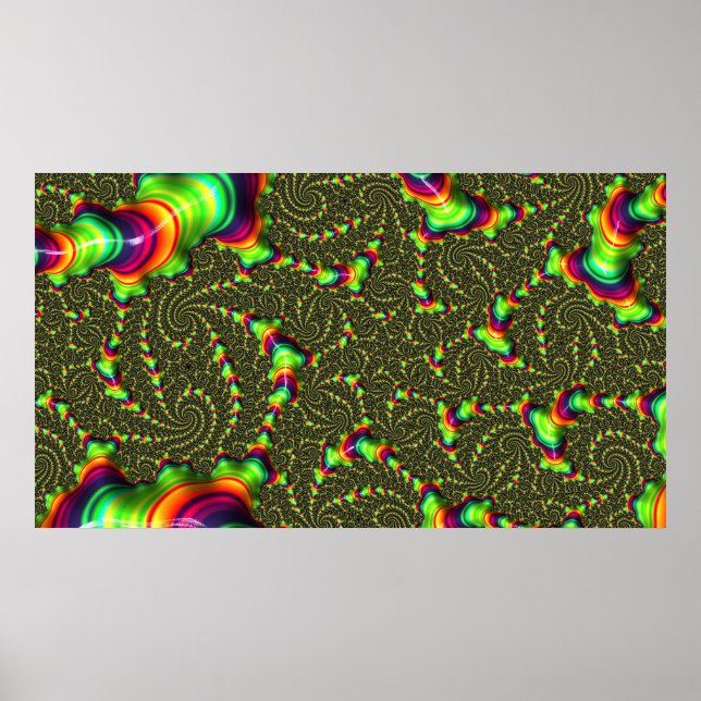 Hypnotic Neon Rainbow Swirl 3D Fractal Art Poster (Front)