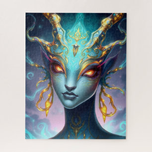 Hypnotic Teal Goddess with Glowing Spiral Eyes Jigsaw Puzzle