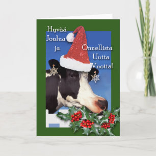 Hyvaa joulua, Christmas Cow with Santa Hat, Holly Holiday Card