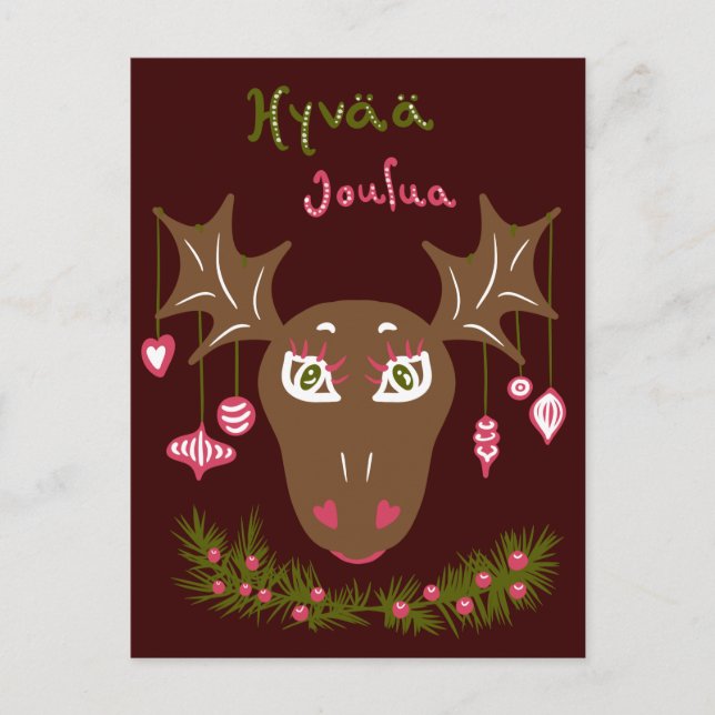 Hyvää Joulua Christmas cute moose with ornaments Postcard (Front)