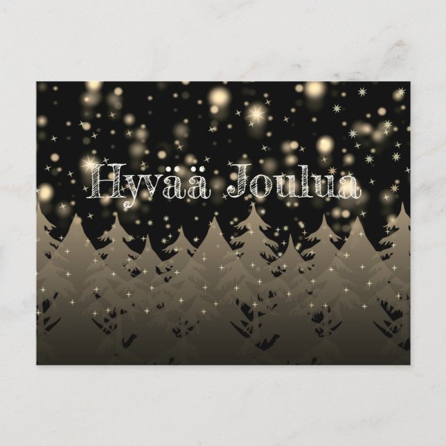 Hyvää Joulua Gold Starry Night Snowfall Trees Postcard (Front)