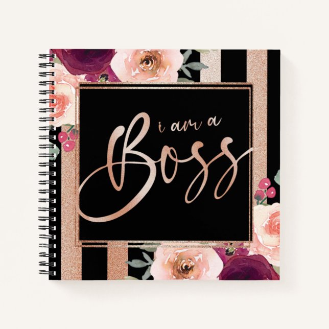 I Am A Boss Floral Black Rose Gold Glitter Notebook (Front)
