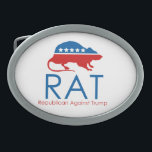 I am a R.A.T: Republican Against Trump Belt Buckle<br><div class="desc">He is the official GOP candidate but some republicans think he's not the right candidate. He is a business man but went bankrupt several times. He has friends, but also a growing number of enemies. He doesn't respect women but married three times. Two of his marriages failed. More and more...</div>