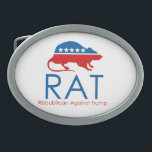 I am a R.A.T: Republican Against Trump Belt Buckle<br><div class="desc">He is the official GOP candidate but some republicans think he's not the right candidate. He is a business man but went bankrupt several times. He has friends, but also a growing number of enemies. He doesn't respect women but married three times. Two of his marriages failed. More and more...</div>