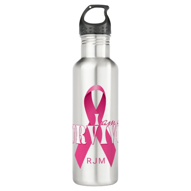 I am a Survivor Pink Ribbon with Monogram Aluminum 710 Ml Water Bottle (Front)