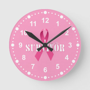 I am a Survivor Pink Ribbon with White Numerals Round Clock