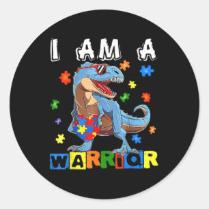 I Am A Warrior Autism Awareness Dinosaur Heart Puz Classic Round Sticker