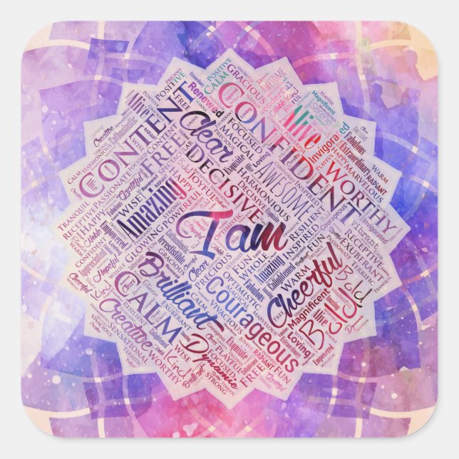I am Affirmations Word Cloud Art in lotus Square Sticker (Front)