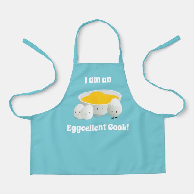 I am an Eggcellent Cook Egg Blue Food Pun Cartoon Apron (Front)