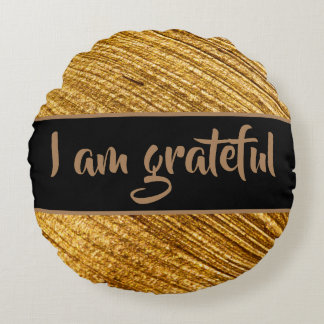 I am Grateful Pouf Circle Pillow - Gold Brown 