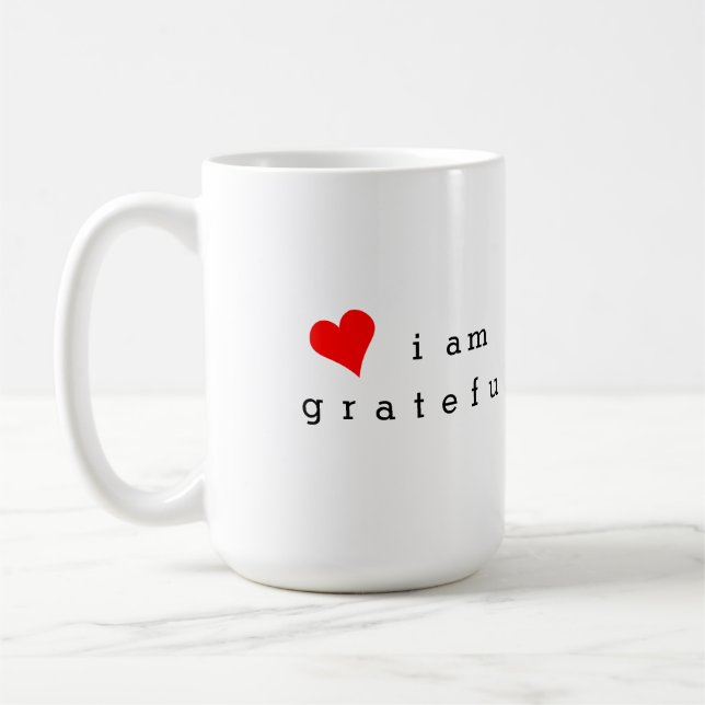 I Am Grateful Red Heart Gratitude Reminder Coffee Mug (Left)