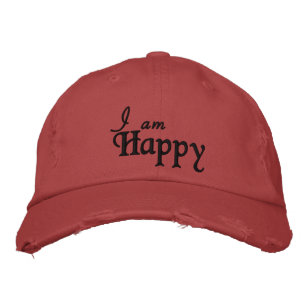 I Am Happy Quote Black Red Personalized Rustic  Embroidered Hat
