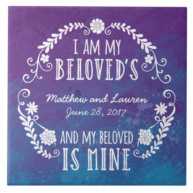 I Am My Beloved's, Wedding Watercolor Blue Tile (Front)