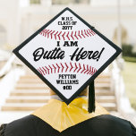 I Am Outta Here Baseball Player Funny Sports Quote Graduation Cap Topper<br><div class="desc">Add a stylish personalized touch to a baseball player's commencement ceremony with a custom sports themed graduation cap topper. All wording on this template is simple to customize or delete, including funny quote that reads "I am outta here!" The red, white and black design features faux baseball stitching, modern script...</div>